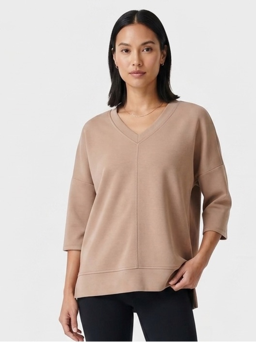 Cable & Gauge Caramel Tan Scuba Knit Boxy Top 3/4 Sleeves S Small EUC $60